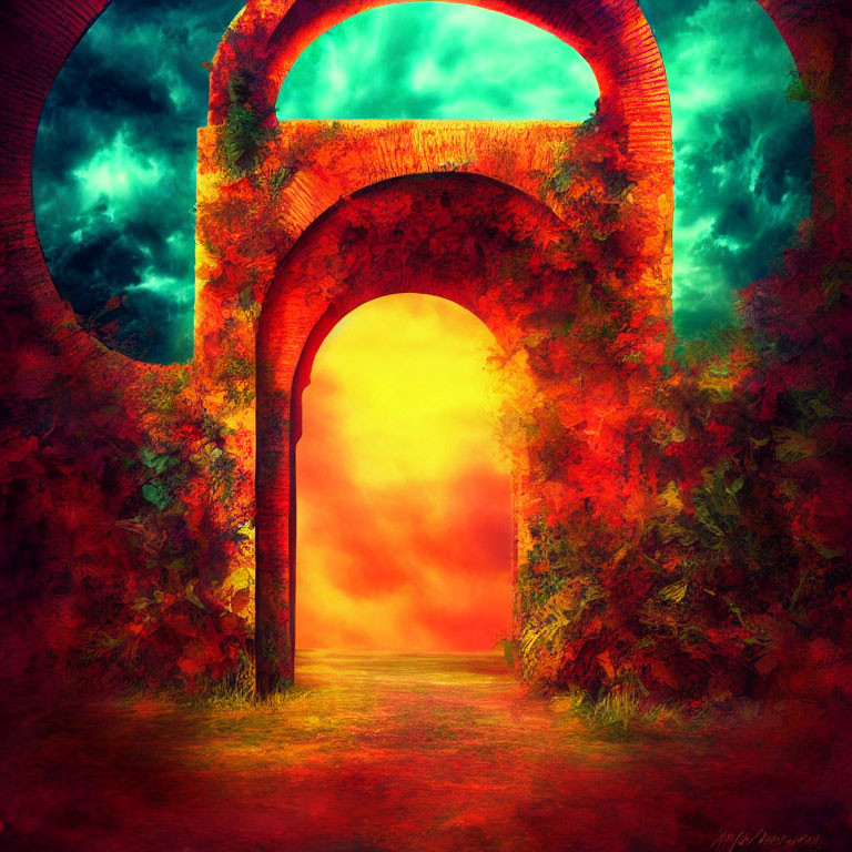 Vibrant digital artwork: Mystical archway in red and orange hues with foliage and bright light
