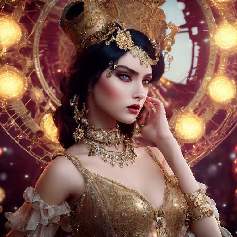 Steampunk-themed woman in golden outfit and top hat with gears and jewelry on glowing orb backdrop.