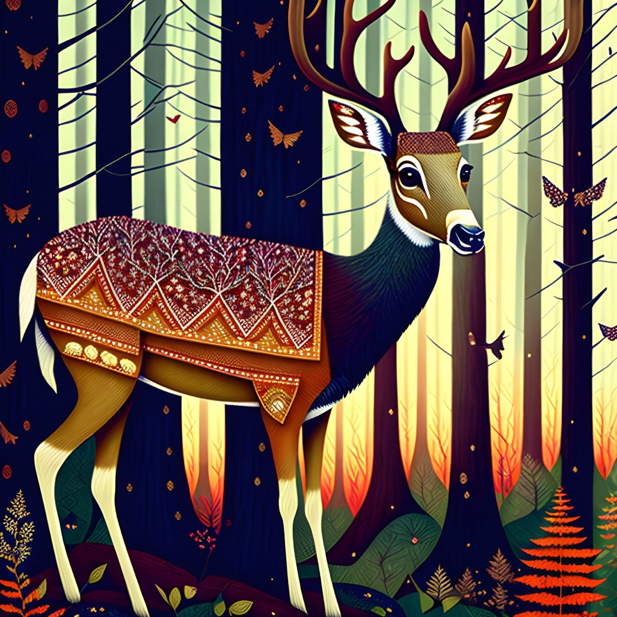 Stylized deer with ornate patterns in colorful forest