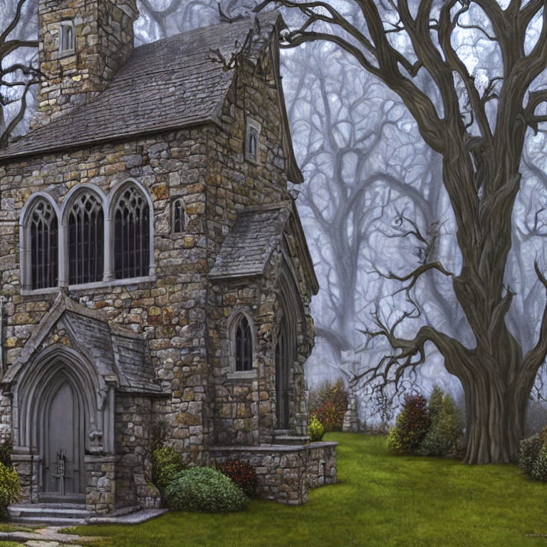 Old Stone Church with Gothic Windows in Misty Setting