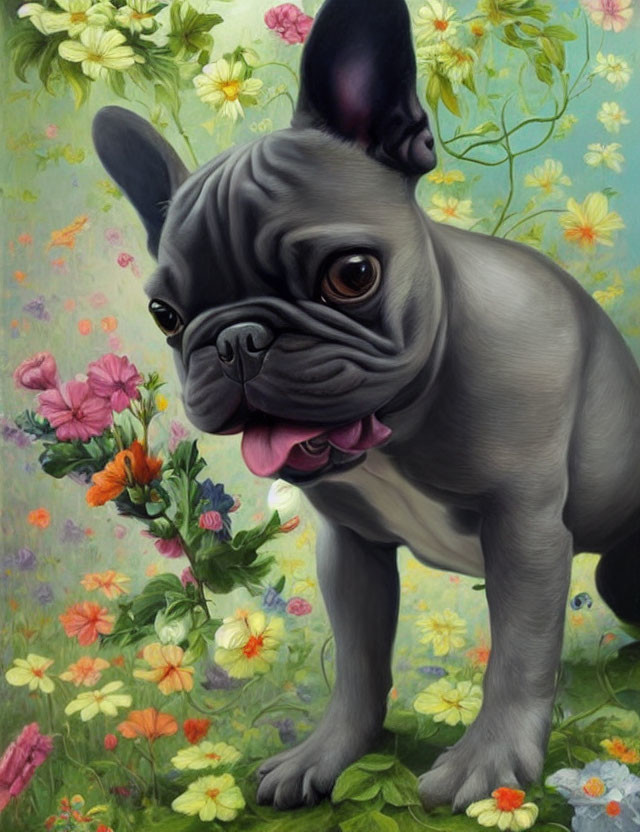 Glossy-coated French Bulldog in vibrant floral setting