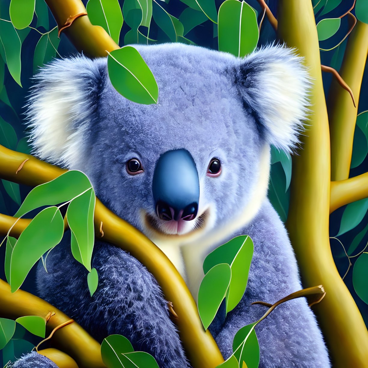 Grey Koala Hanging on Eucalyptus Branch