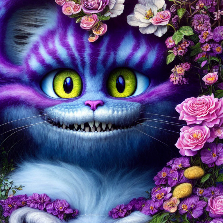 Colorful Striped Cat Artwork with Yellow Eyes and Roses