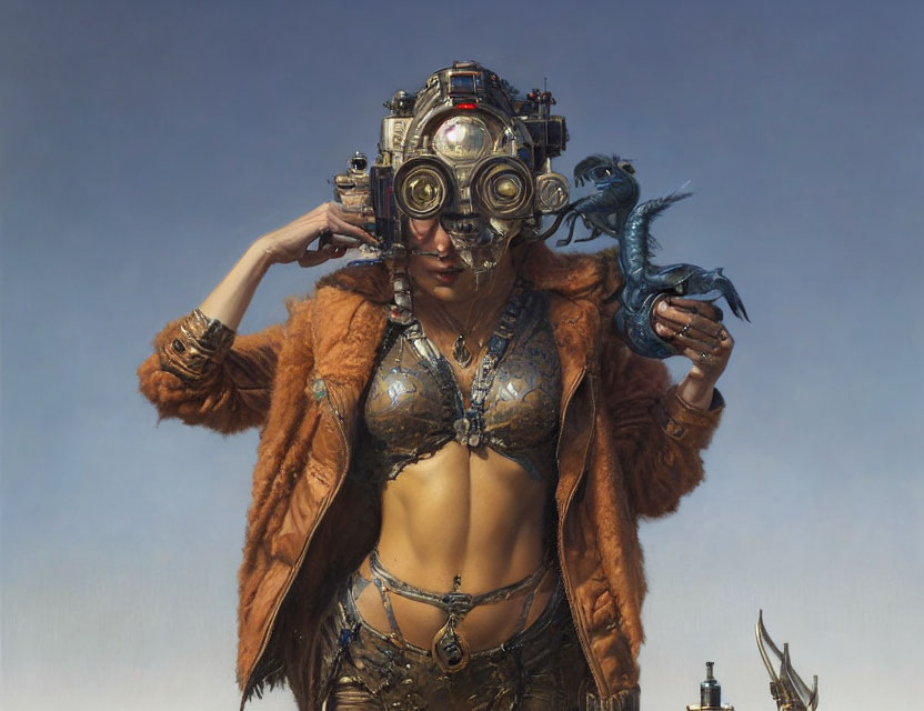 Futuristic woman with headgear holding blue dragon in steampunk setting
