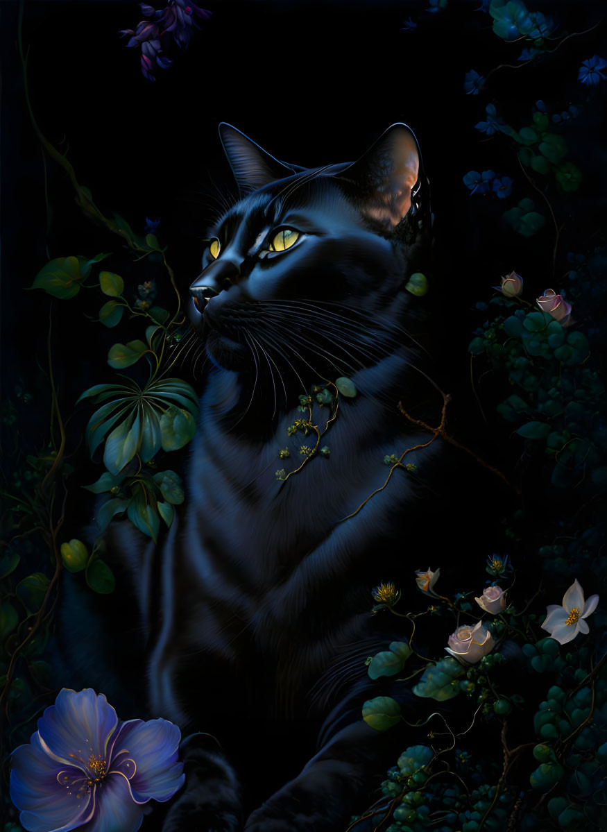 Black Cat in Flower Garden at Night