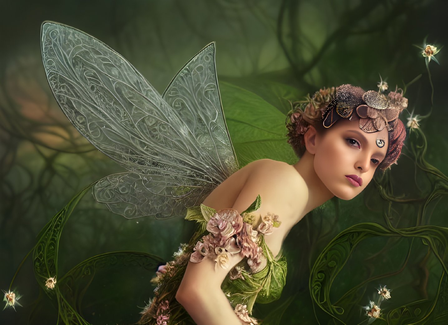 Delicate woman with translucent fairy wings in dreamy floral scene