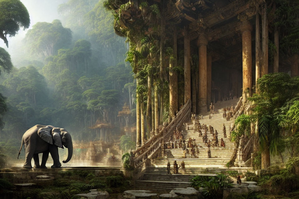 Elephant at ancient temple with jungle and monkeys