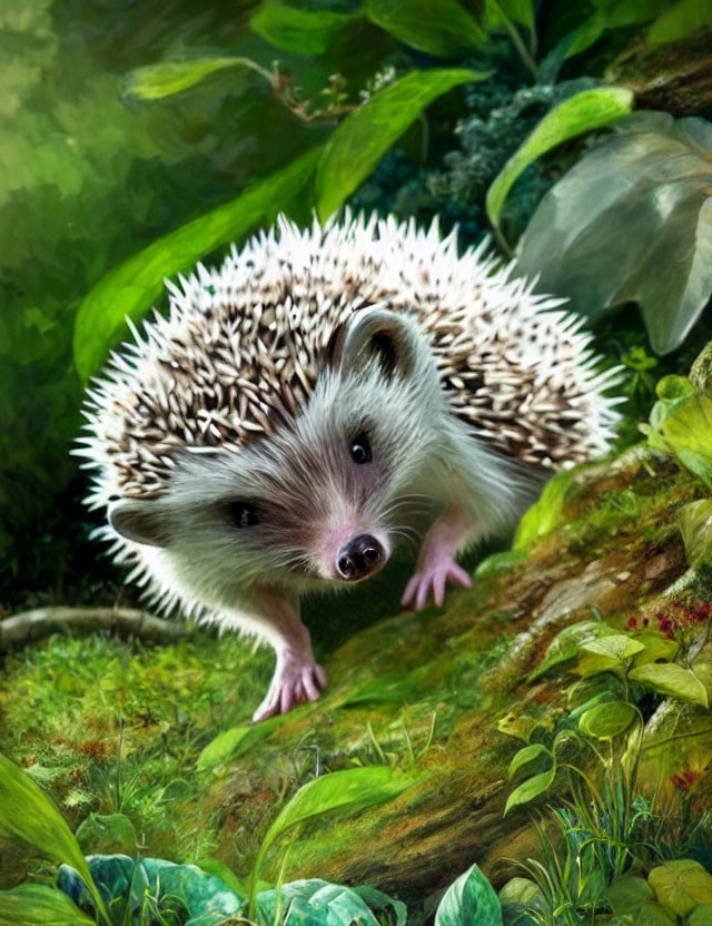 White quilled hedgehog explores vibrant green forest floor