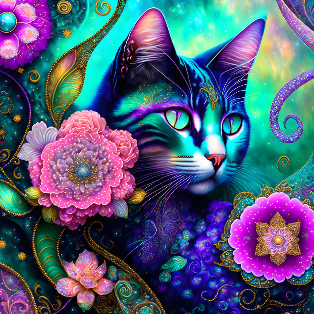 Cat in Whimsically Colored Flowers 