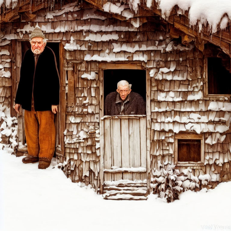 Elderly Men at Snow-Covered Cabin
