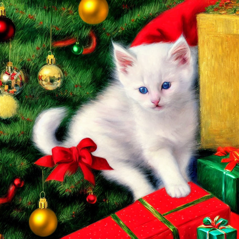 White Kitten with Blue Eyes Beside Red Gifts Under Christmas Tree