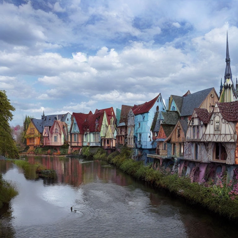 Colorful quaint houses with pointed roofs reflected in calm river under cloudy sky