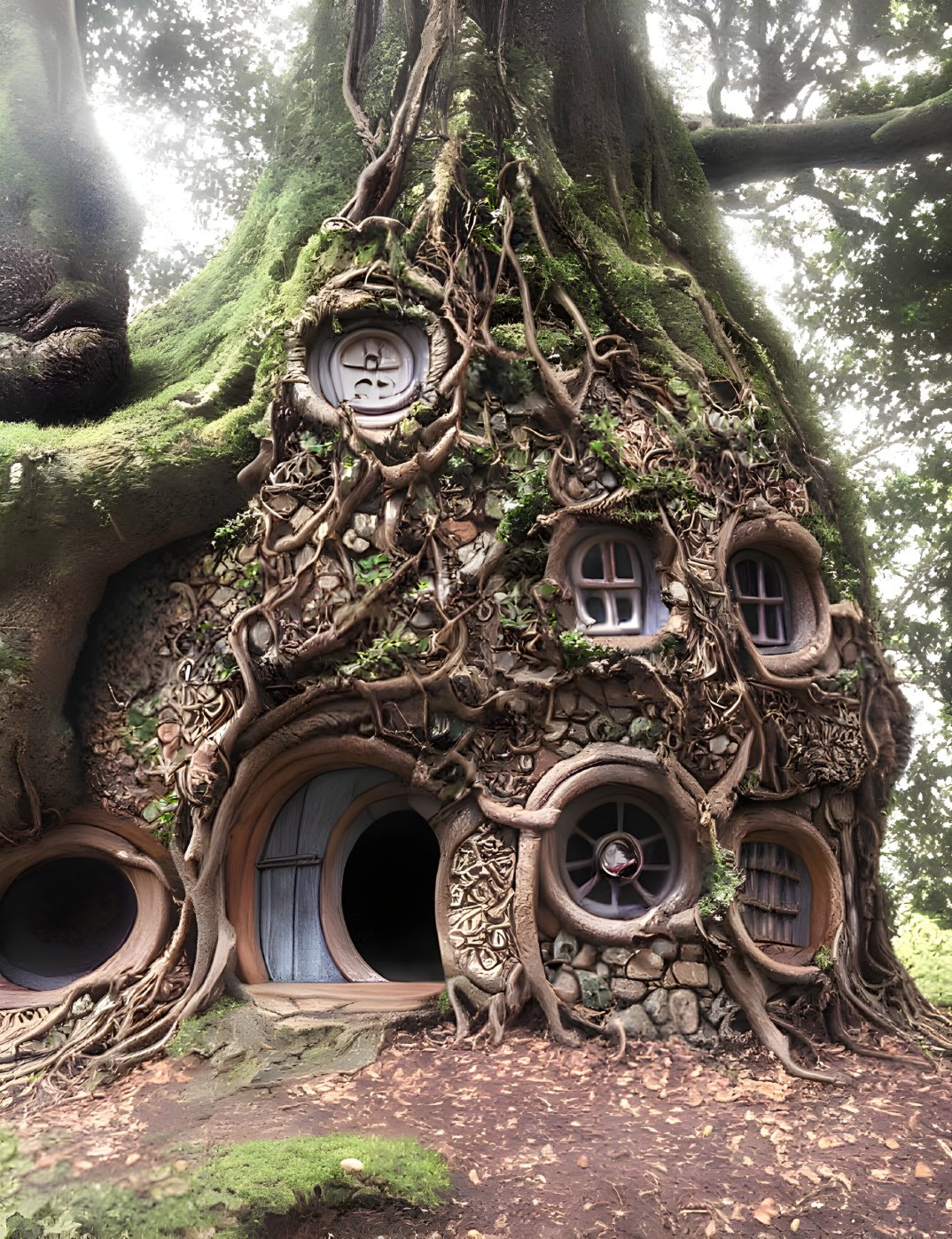 Whimsical treehouse with round doors and windows nestled in gnarled branches