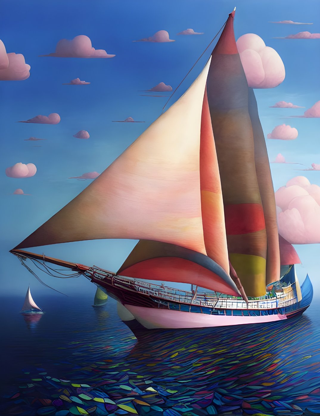 Vibrant surrealistic painting of whimsical sailboat on colorful sea