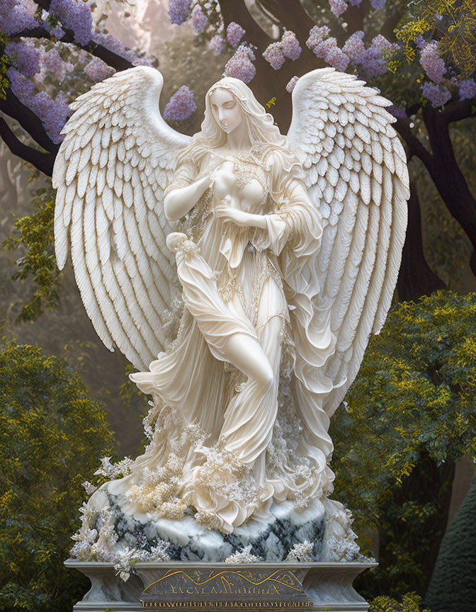 Detailed Angelic Statue with Flowing Robes and Wings in Lush Garden