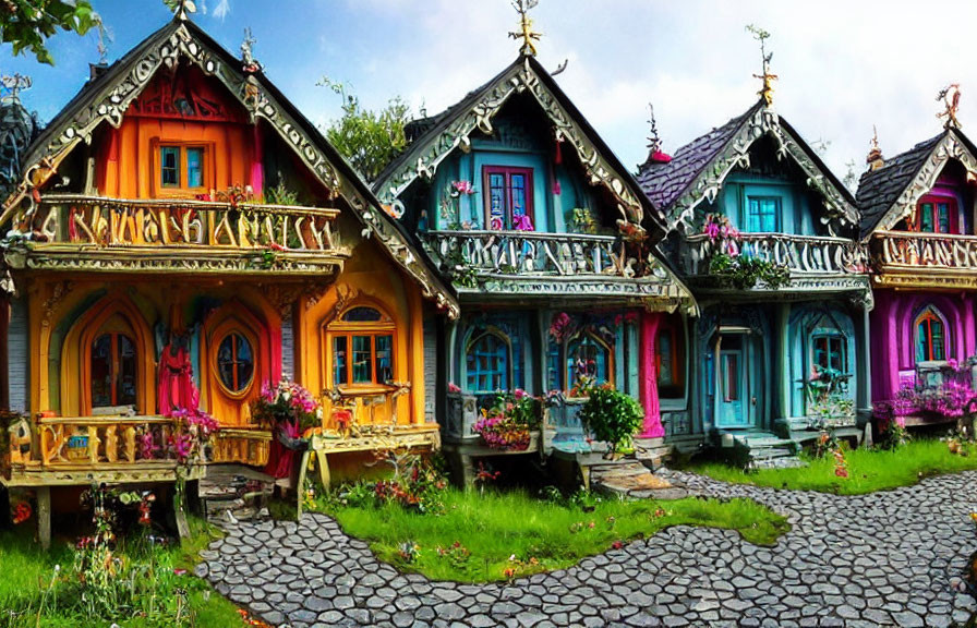 Vibrant wooden houses with intricate carvings and lush garden setting