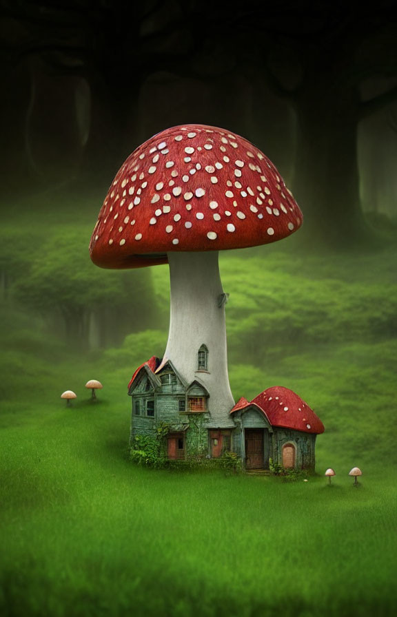 Enchanting forest landscape with large red mushroom and fairy-tale house
