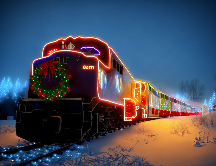 Festively decorated train with glowing lights in snowy dusk landscape