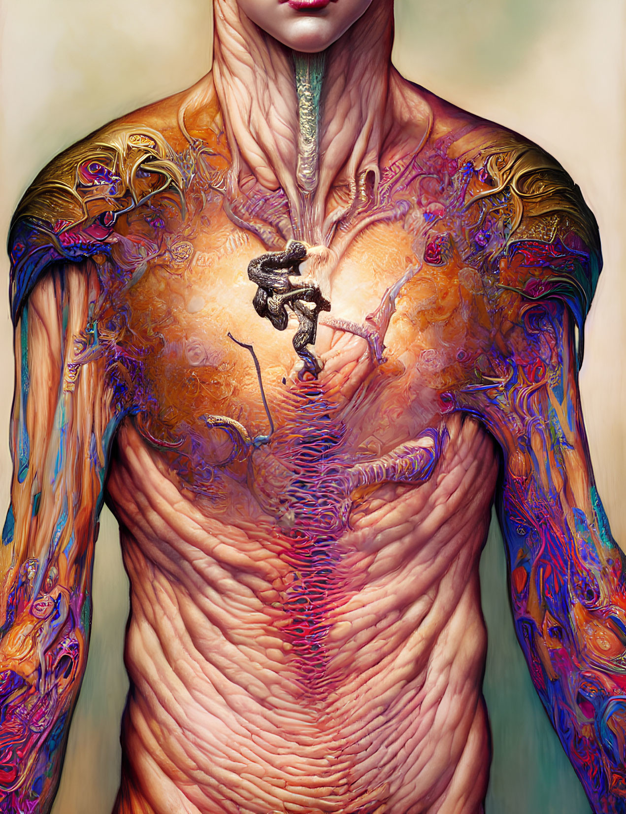 Colorful Fantasy Illustration of Intricate Biological-Mechanical Body
