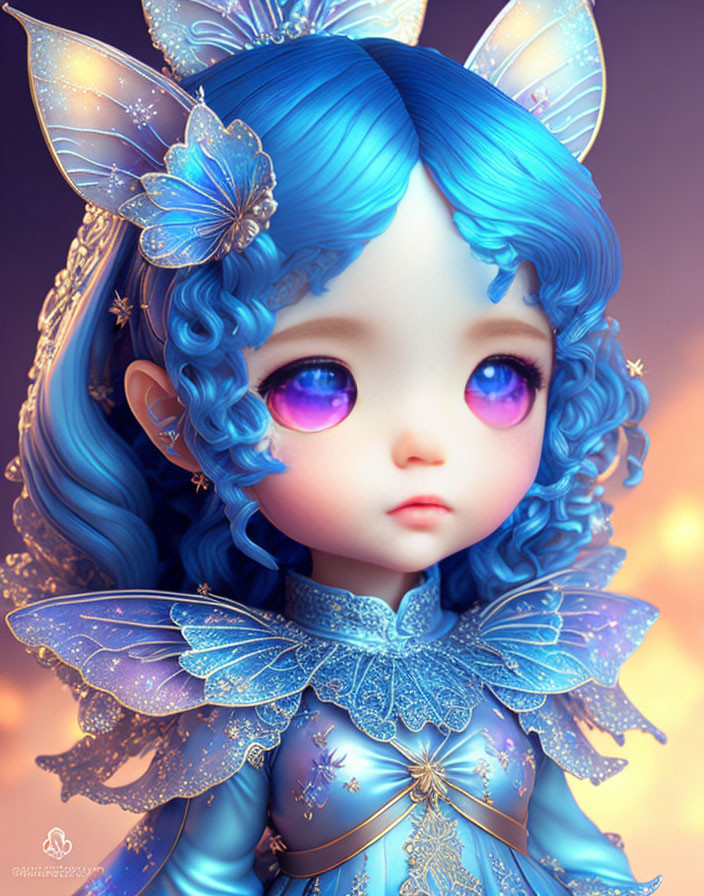 Fantastical character with purple eyes, blue hair, elf ears, and butterfly wings.