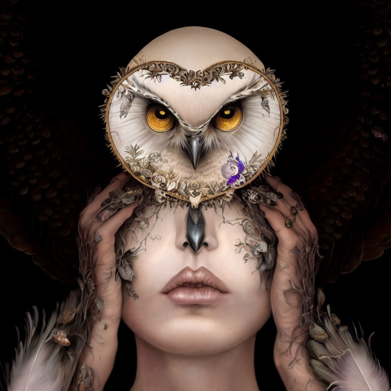 Person Wearing Owl Mask Artwork Against Black Background