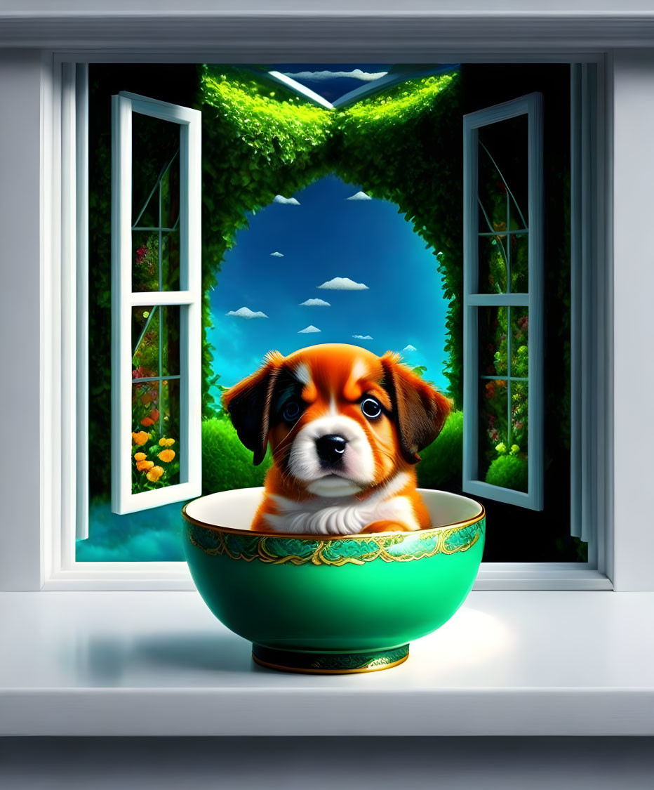 Puppy in Bowl by Window 123