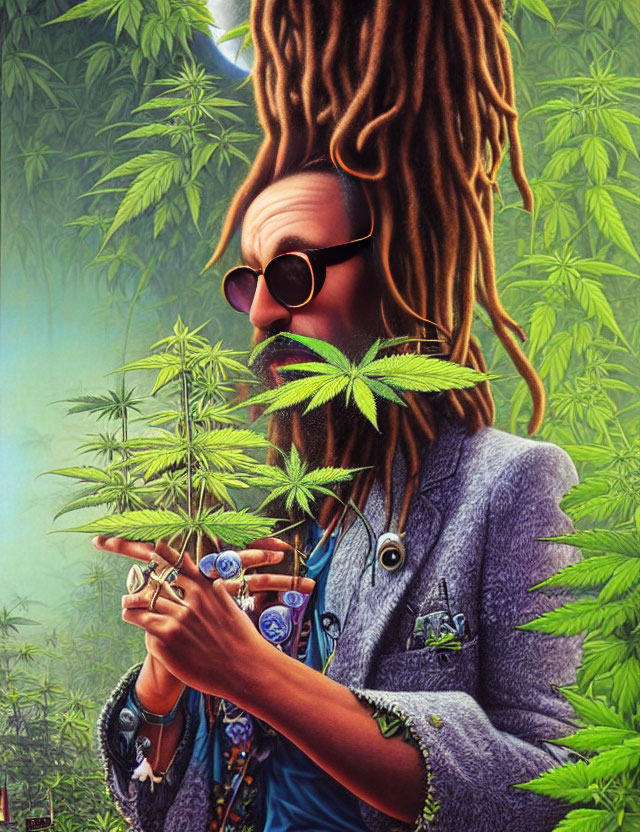 Person with dreadlocks holding cannabis plant, surrounded by cannabis leaves