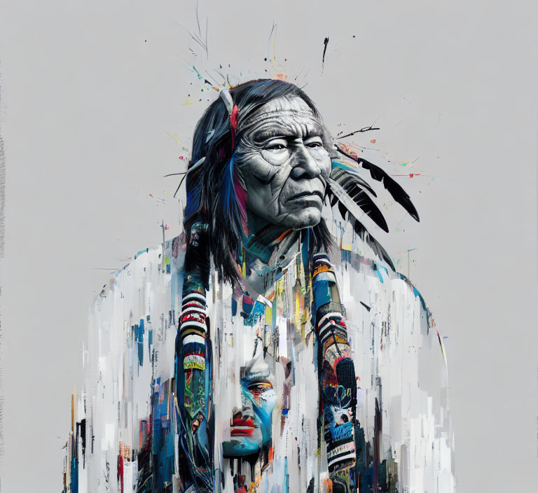 Colorful abstract elements on Native American figure