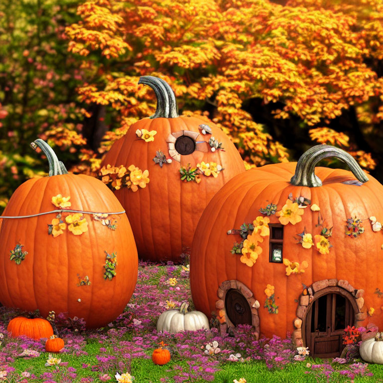 Decorated Pumpkins Resemble Houses in Autumn Field