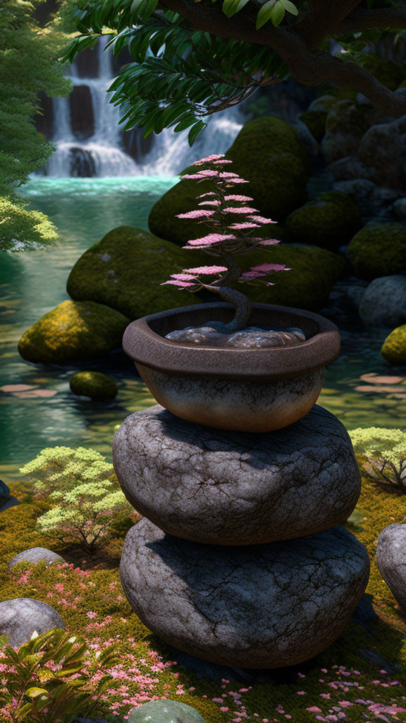 Bonsai on Stacked Rocks by Waterfall 223