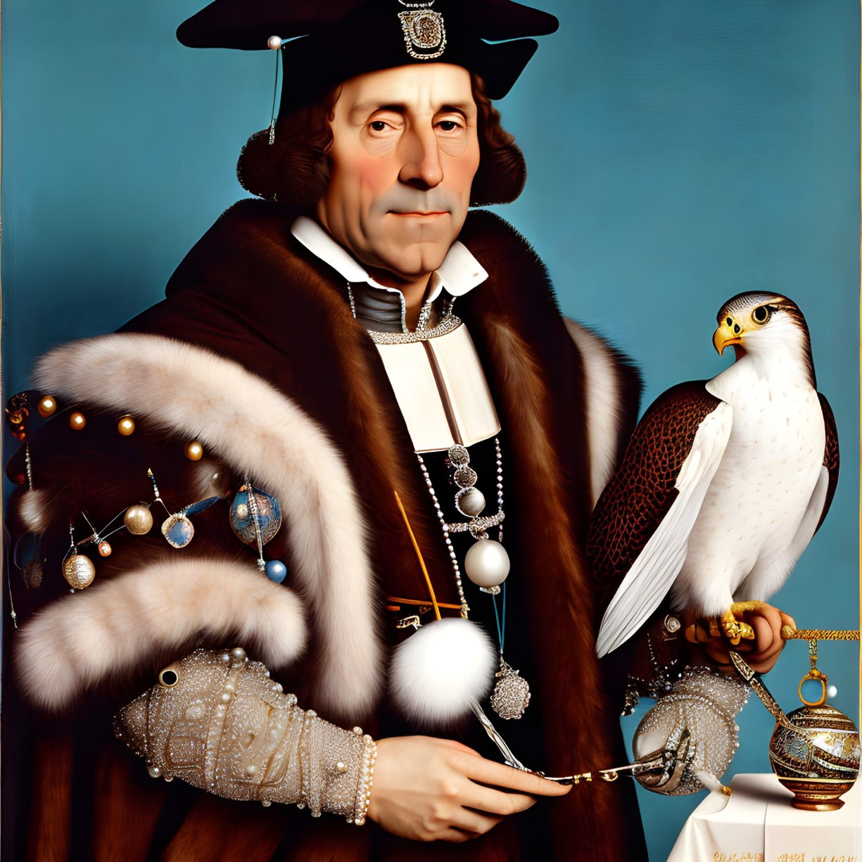 Aristocratic man in fur cloak with falcon, solemn expression