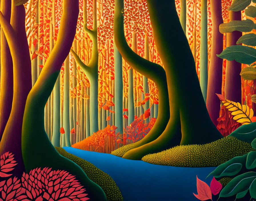 Colorful painting of lush forest with exaggerated tree trunks and winding river