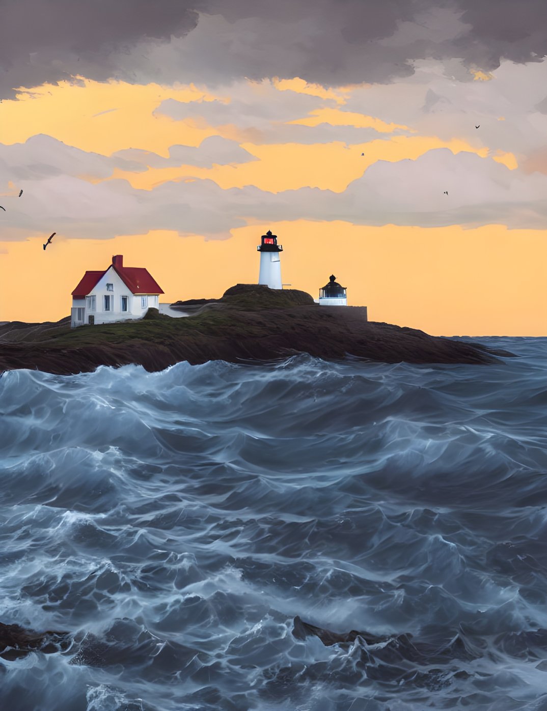 Rocky shore lighthouse with house under sunset sky, dark clouds, and rough sea waves