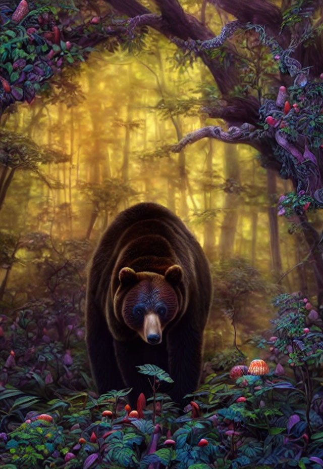 Bear in Colorful Forest with Mushrooms and Mystical Lighting