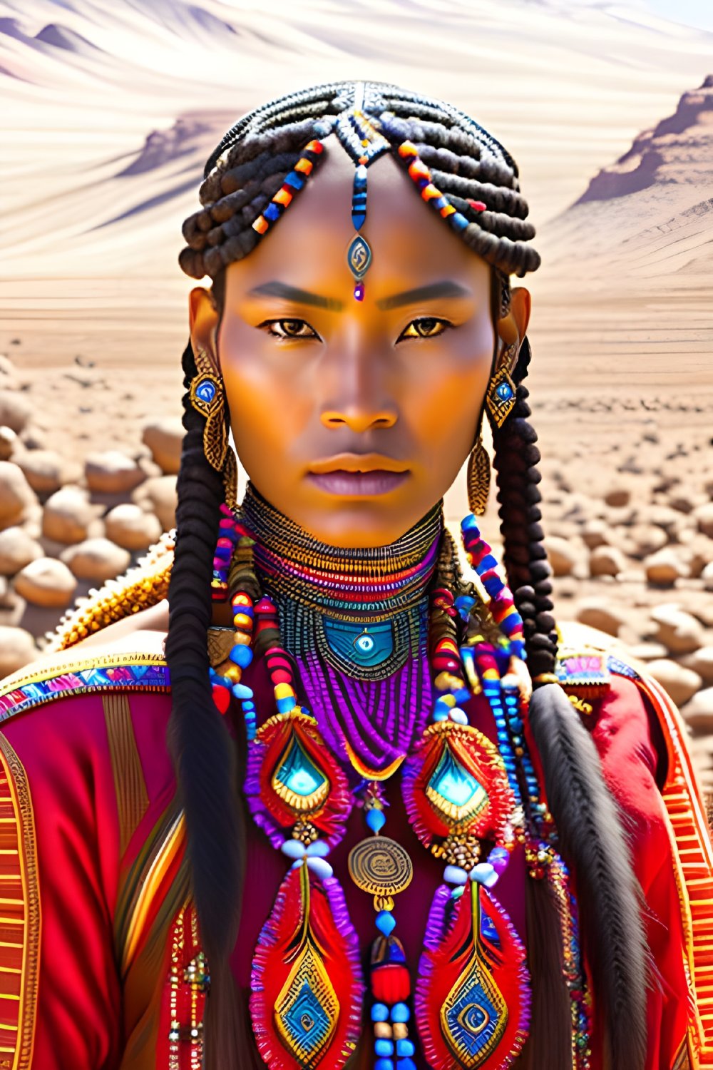Traditional Attire with Intricate Beadwork in Desert Scene
