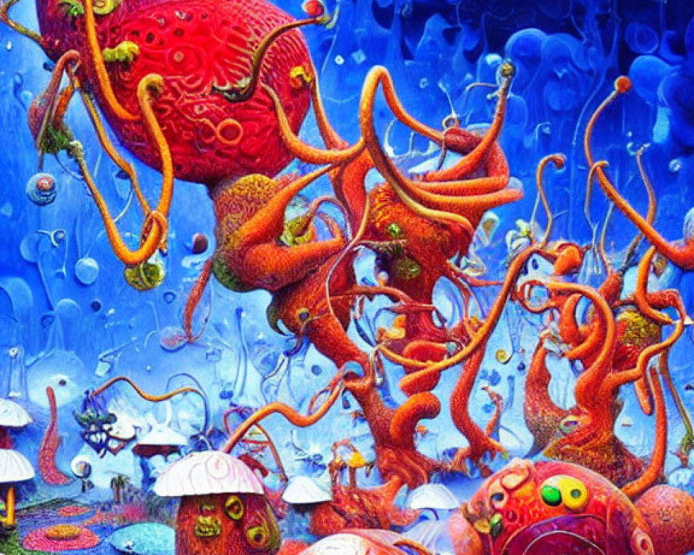 Colorful Underwater Scene with Red Coral and Whimsical Creatures