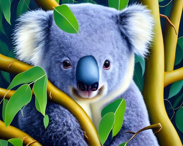 Grey Koala Hanging on Eucalyptus Branch