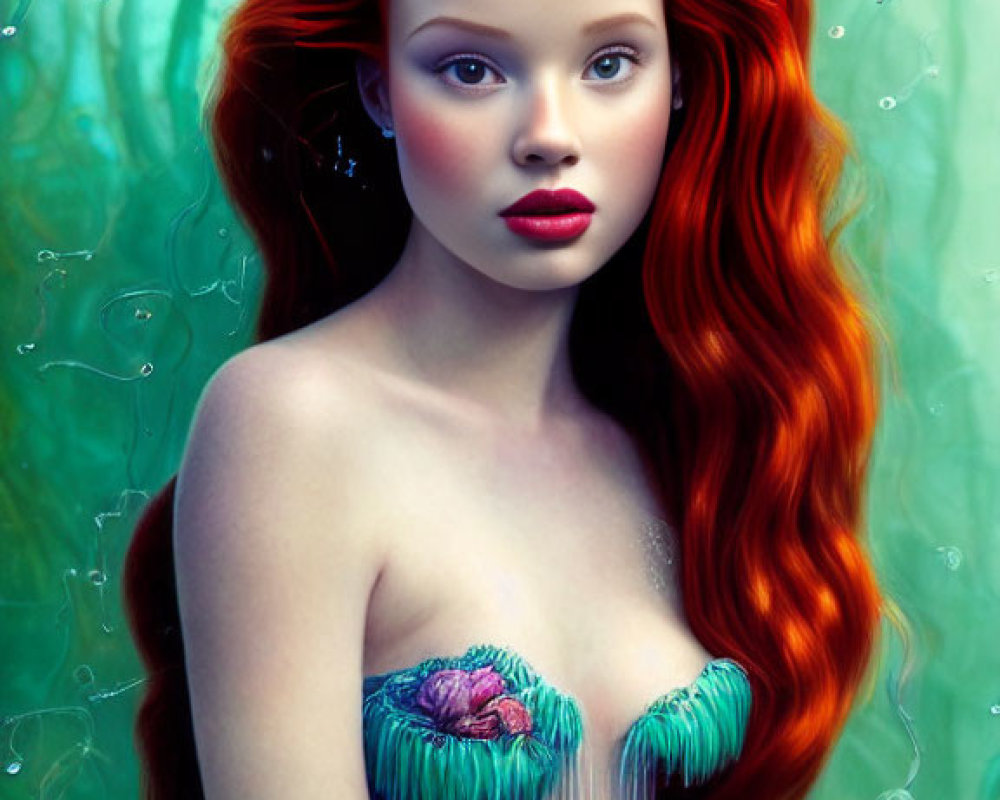 Mermaid digital art: red-haired, purple crown, sea anemone top, mystical underwater backdrop