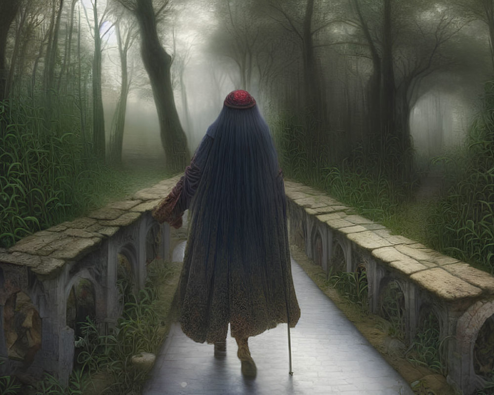 Person with long hair in dress and red hat walking on old stone bridge in misty forest