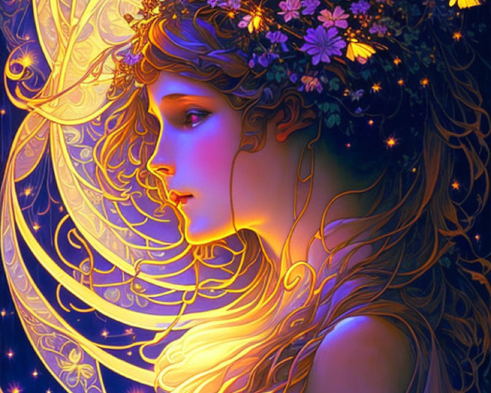 Illustrated portrait of woman with flowing hair and flower crown in cosmic setting