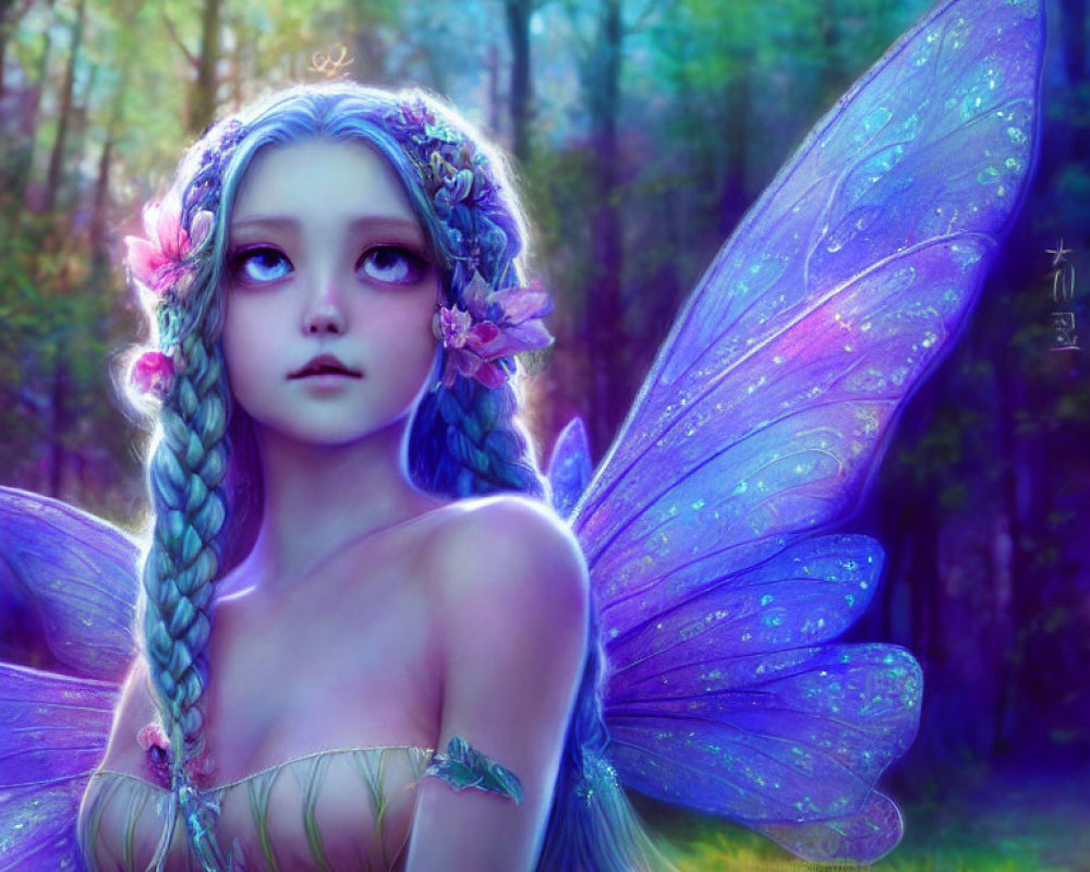 Mystical fairy with purple wings in serene forest landscape
