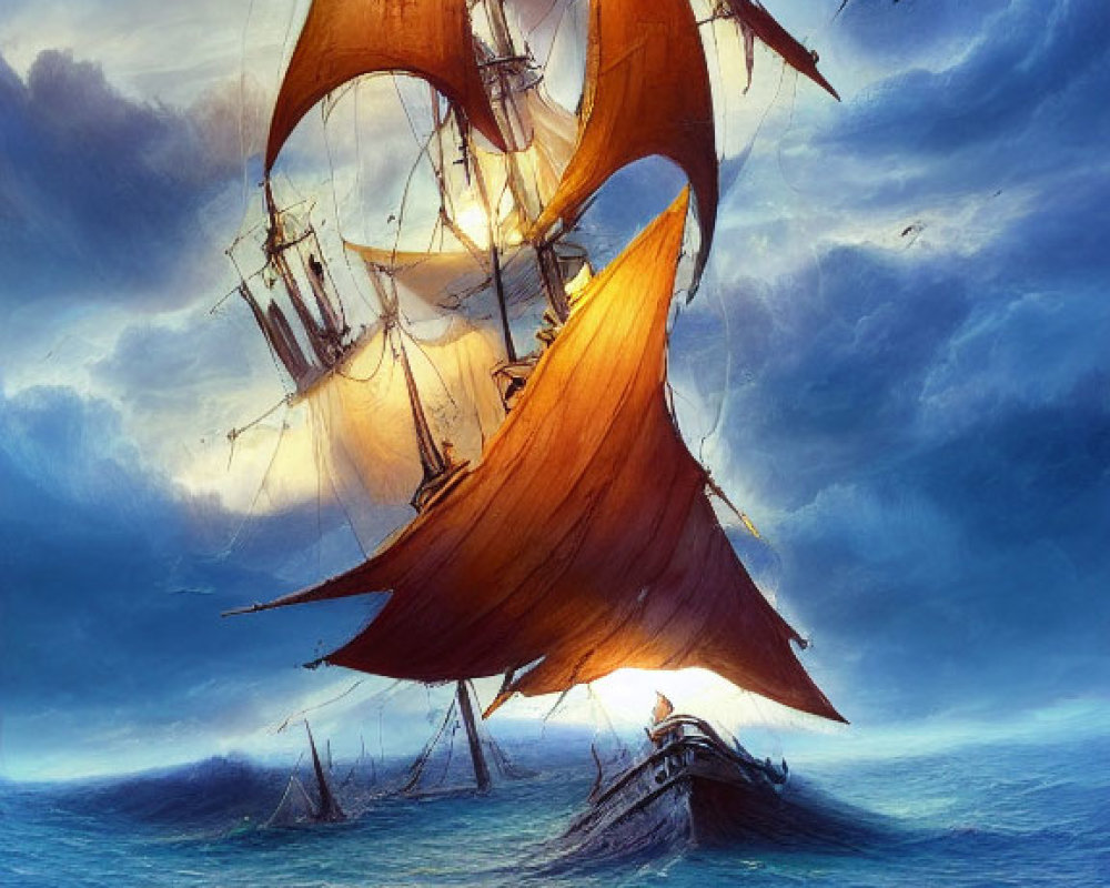 Majestic sailing ship navigating turbulent seas under stormy sky