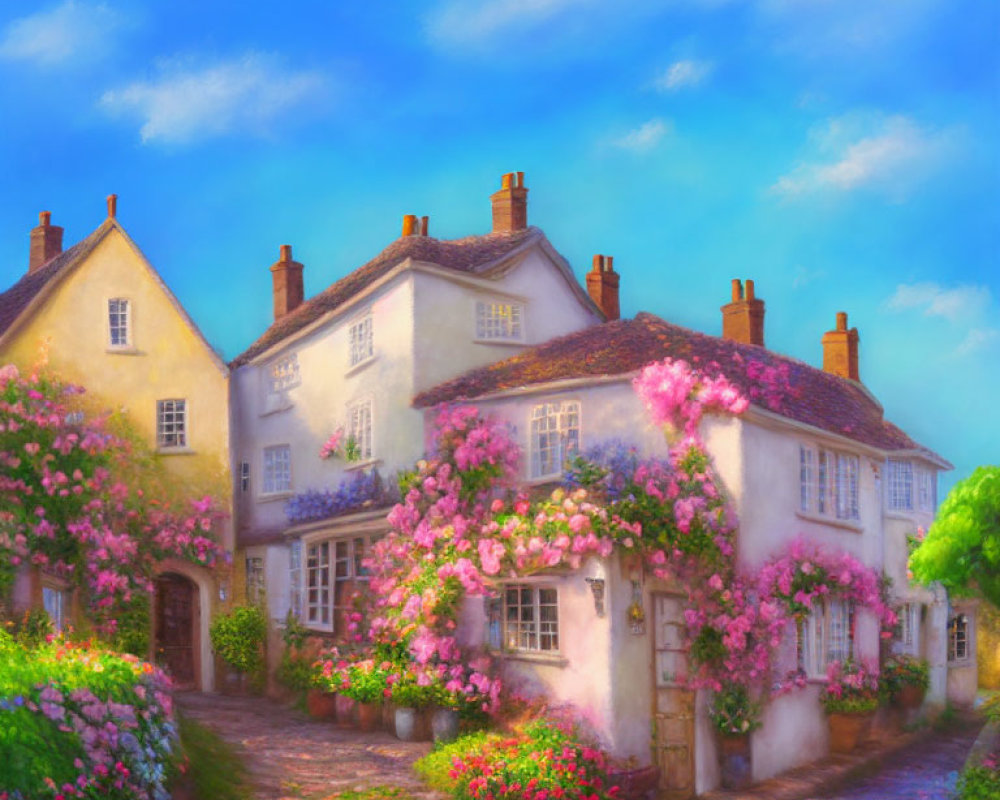 Charming village with cobblestone path and blooming pink flowers