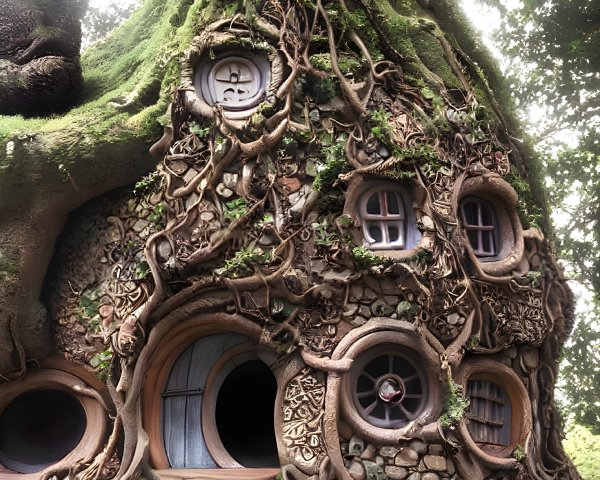 Whimsical treehouse with round doors and windows nestled in gnarled branches