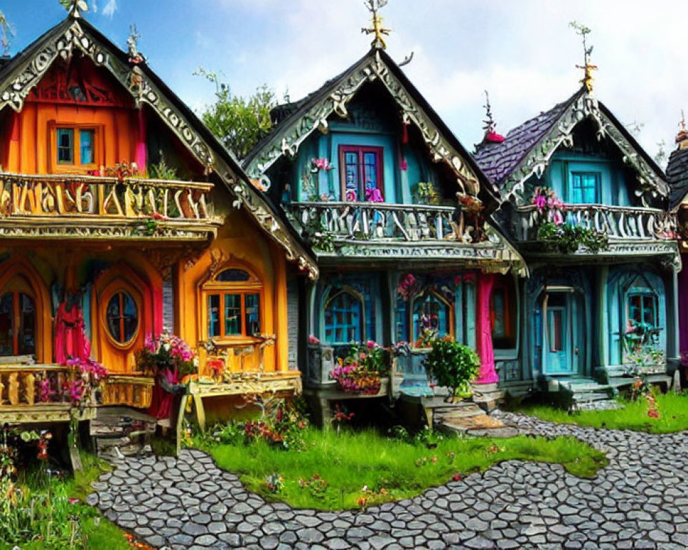 Vibrant wooden houses with intricate carvings and lush garden setting