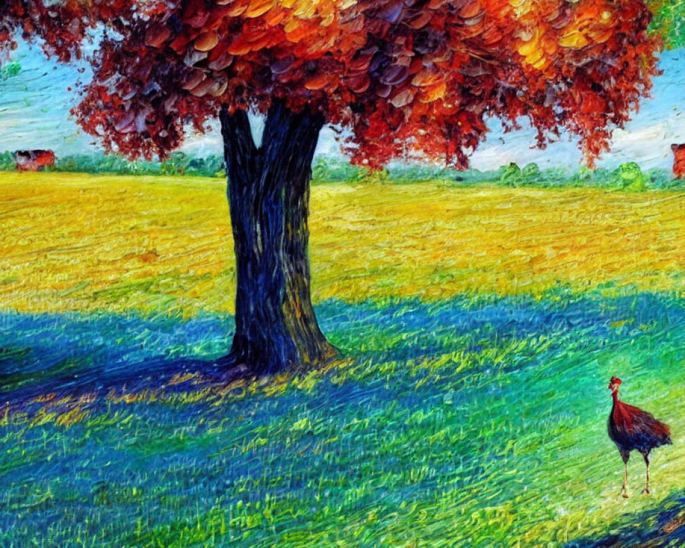 Colorful impressionistic painting of solitary tree with red foliage on grassy field under blue sky.