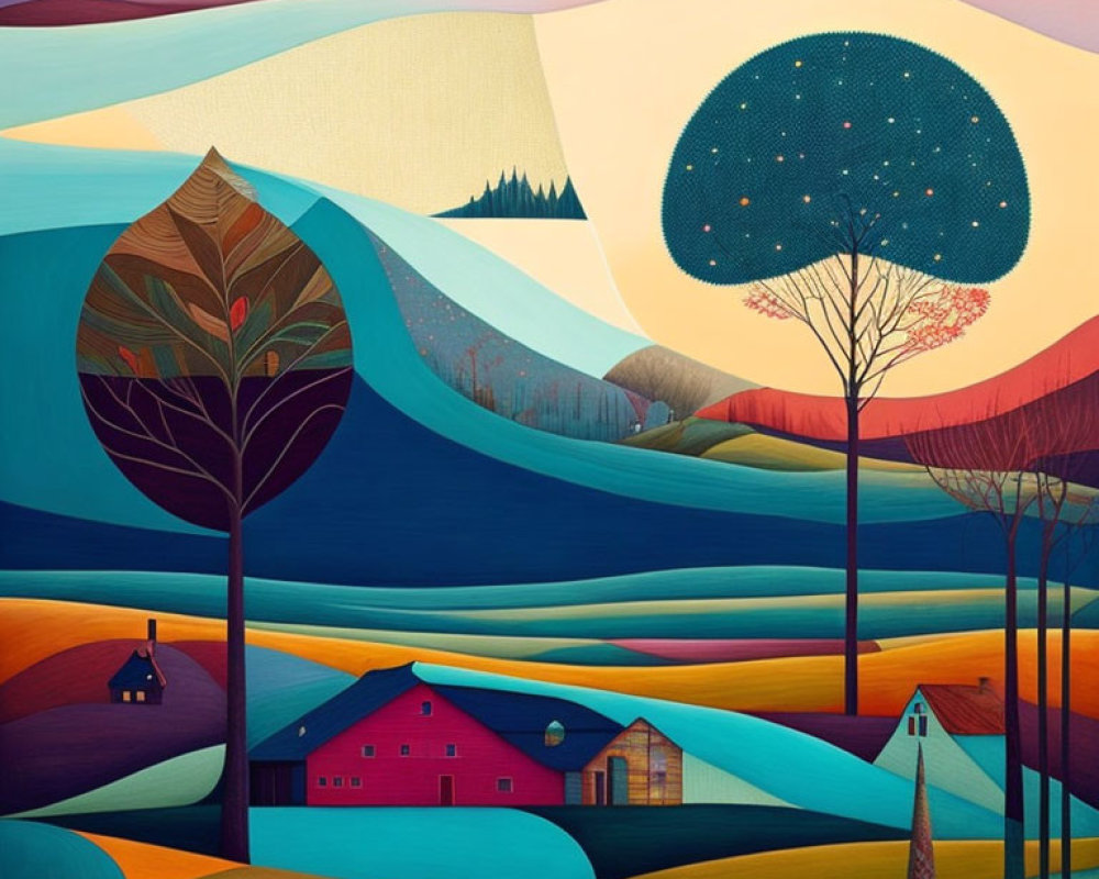 Colorful Stylized Landscape with Rolling Hills and Whimsical Houses