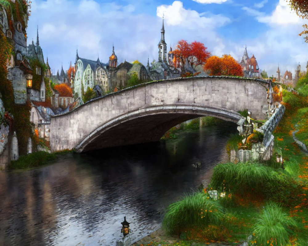 Tranquil river and stone bridge in picturesque fantasy village