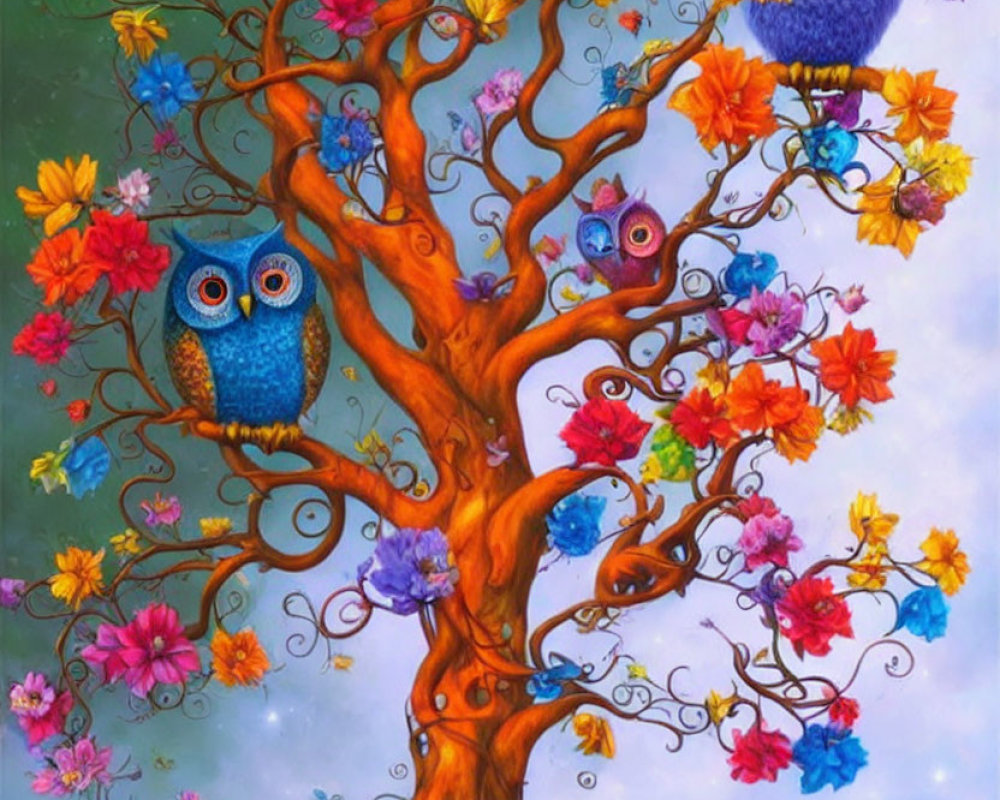 Vibrant painting of colorful tree with owls in branches