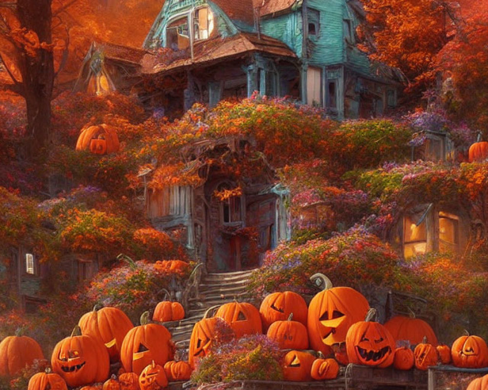 Rustic house in autumn setting with carved pumpkins and fall foliage